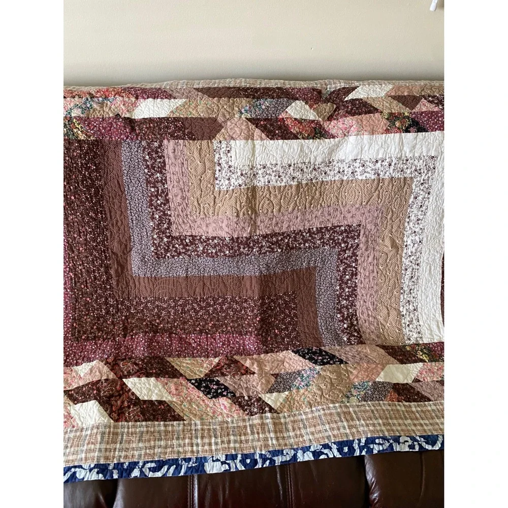 Handmade Patchwork Log Cabin Quilt Floral Plaid Throw Blanket 56.5